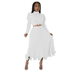 Fall Women Puff Sleeve Top And Ruffled Pleated Skirt Two-Piece Set -Deals Toggenix Store e6a102082bcc127e
