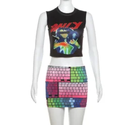 Women's Summer Street Style Print Sleeveless Slim Two Piece Skirt Set -Deals Toggenix Store e6e8a0b4923253e7