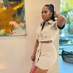 Women Solid Button Pocket Top And Camouflage Skirt Two-Piece Set -Deals Toggenix Store e788391de9930c32