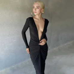 Women's Long-Sleeved Sexy Deep V-Neck Pleated Slim Long Dress 21 Women's Long-Sleeved Sexy Deep V-Neck Pleated Slim Long Dress -Deals Toggenix Store e7b41eddfc25bf1c