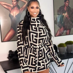 Autumn Fashionable Black Printed Women's Dress