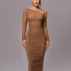 Spring Women Long Sleeve Mesh Patchwork Slash Shoulder Pleated Dress