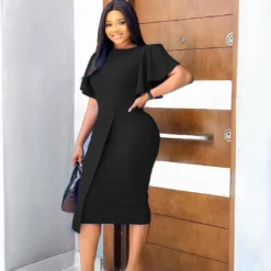 Women's Summer Solid Color High Waist Chic Career Ruffle Sleeve Office Dress -Deals Toggenix Store e8e7439f844fb78f