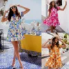 Summer Bell Bottom Sleeve Round Neck Print Smocked Dress