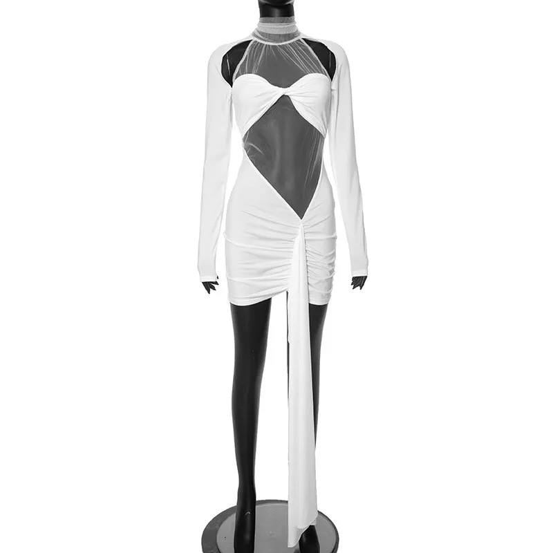 Women's Summer Solid Color Patchwork Mesh Round Neck Long Sleeve Slim Fit Pleated Short Dress 5 Women's Summer Solid Color Patchwork Mesh Round Neck Long Sleeve Slim Fit Pleated Short Dress - Image 5