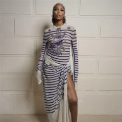 Women Sexy Casual Printed Long Sleeve Top And High Waist Slit Long Skirt Two Piece Set