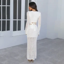 Summer Beach Suit Female Solid Color Sexy Knitting Hollow Beach Crochet Two Piece Skirt Set