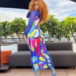 Women's Mesh Long Sleeve Square Neck Printed Dress -Deals Toggenix Store ebda5d3ce084d1ba