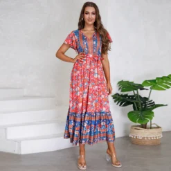 Women's Summer V-Neck Ruffle Sleeve Floral Print Long Dress 32 Women's Summer V-Neck Ruffle Sleeve Floral Print Long Dress -Deals Toggenix Store ec54c985af371c40
