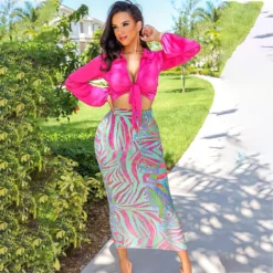 Women'S Fashion Solid Long Sleeve Tied Shirt Multi-Color Print Bodycon Skirt Two-Piece Set -Deals Toggenix Store ec808b74472038ee