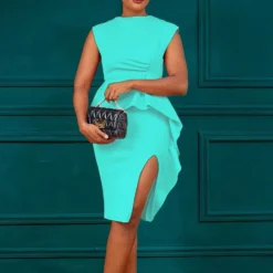 Women Summer Solid Pleated Ruffle Slit Bodycon Dress -Deals Toggenix Store ed206d75246a753c