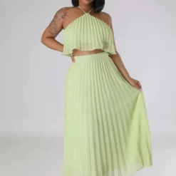 Women Summer Casual Solid Sleeveless Pleated Lace-Up Pleated Skirt