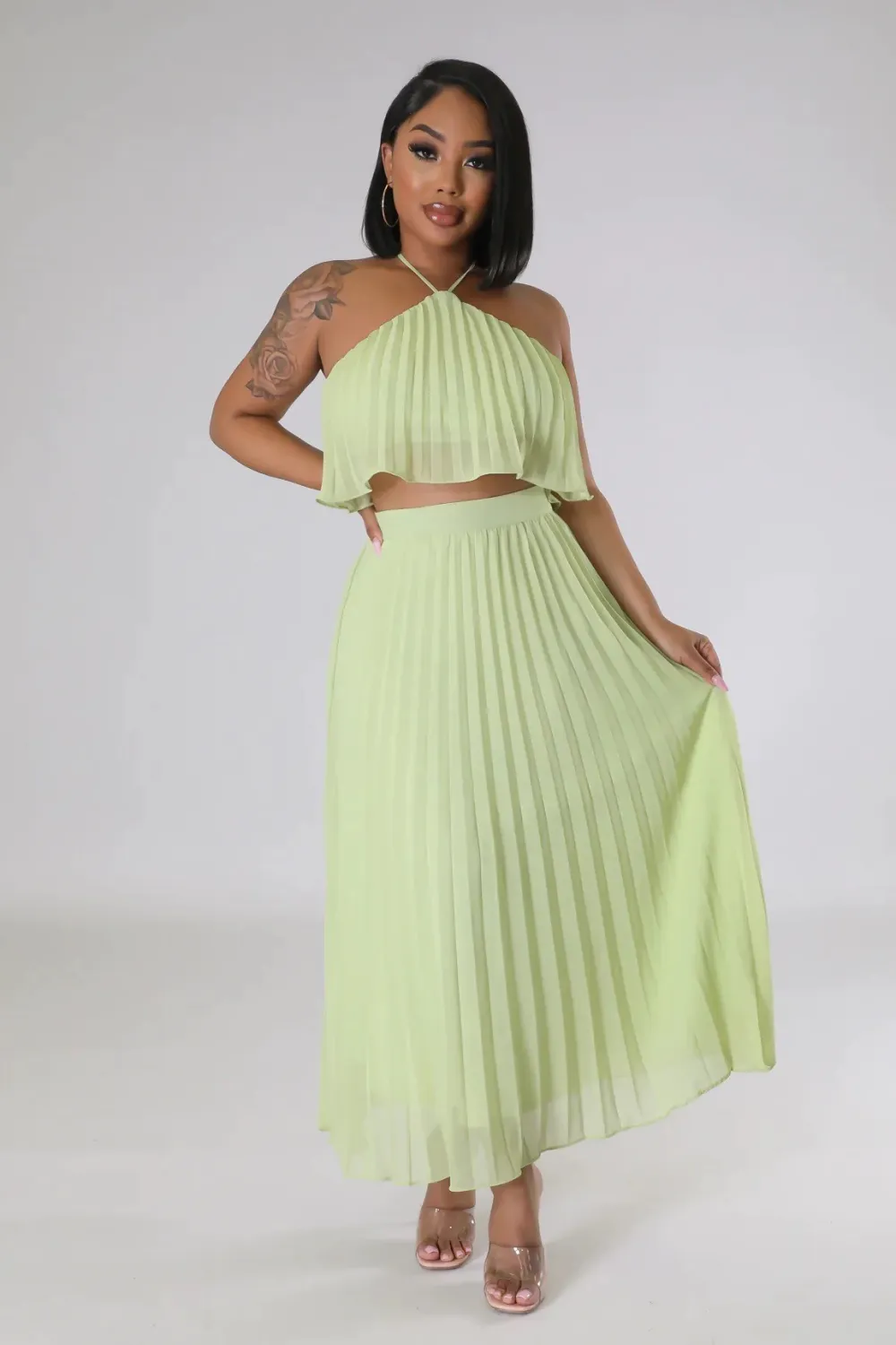 Women Summer Casual Solid Sleeveless Pleated Lace-Up Pleated Skirt 1 Women Summer Casual Solid Sleeveless Pleated Lace-Up Pleated Skirt