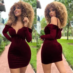 Women's Fashion Mesh Long Sleeve Off Shoulder V-Neck Velvet Strap Dress -Deals Toggenix Store eda04823950edae0