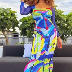 Women's Mesh Long Sleeve Square Neck Printed Dress