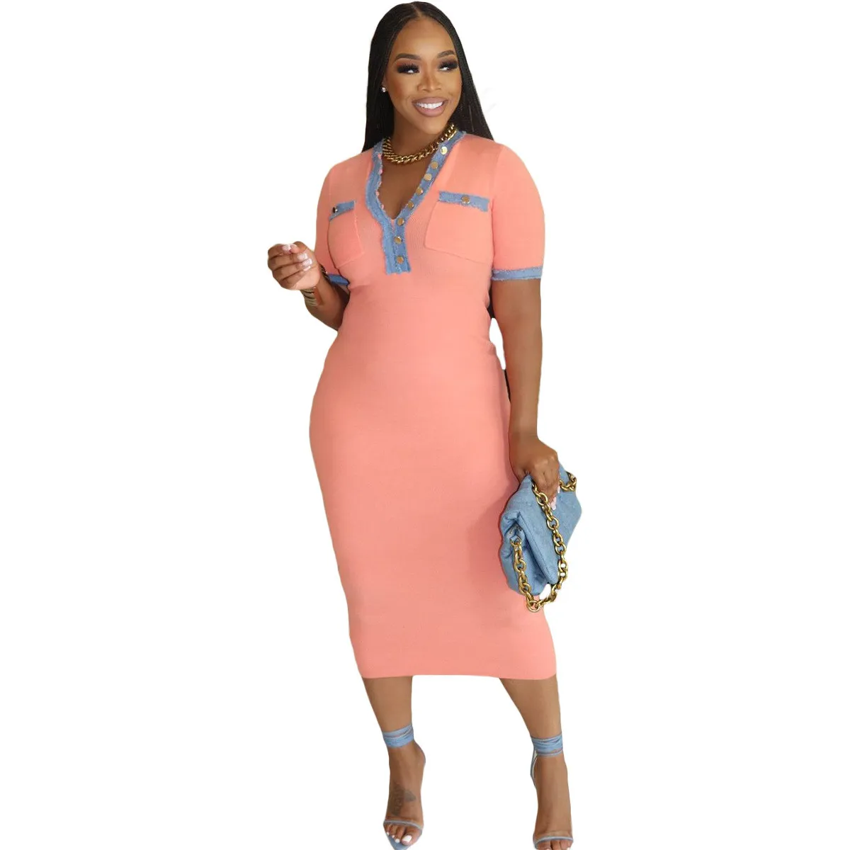 Women Short-sleeved Denim Patchwork Pocket Solid Dress 3 Women Short-sleeved Denim Patchwork Pocket Solid Dress - Image 3