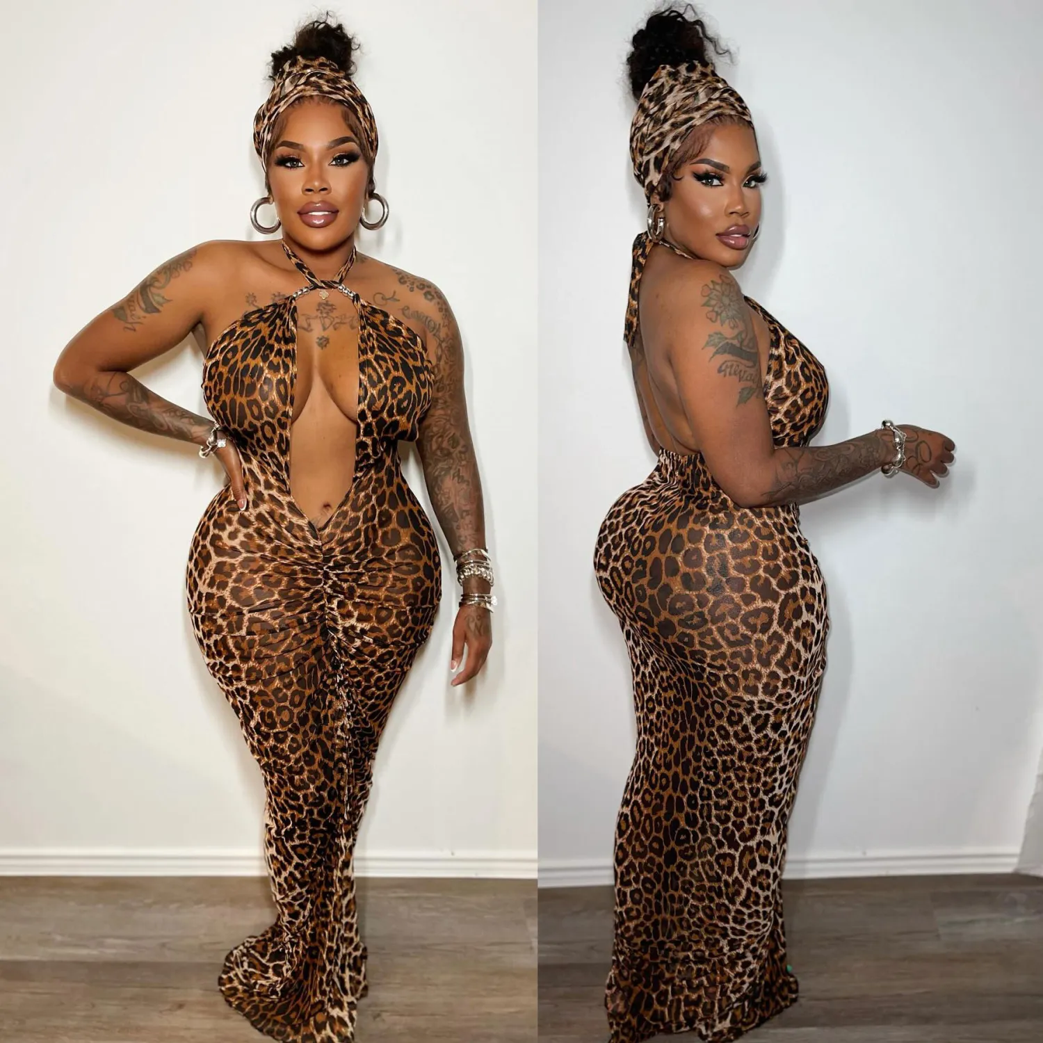 Women Printed Lace-Up Halter Neck Elastic Pleated Bodycon Leopard Print Dress 8 Women Printed Lace-Up Halter Neck Elastic Pleated Bodycon Leopard Print Dress - Image 8