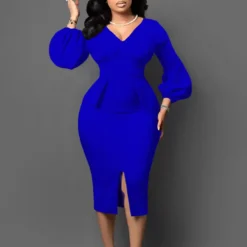 African Women V-neck Puff Sleeve Slit Dress