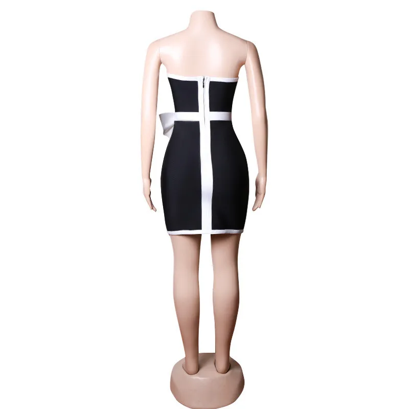 Spring Black And White Patchwork Bow Chic Elegant Low Back Women's Bandage Dress 9 Spring Black And White Patchwork Bow Chic Elegant Low Back Women's Bandage Dress - Image 9