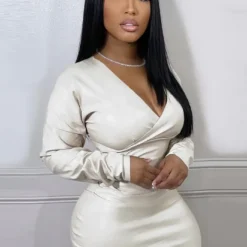 Ladies Spring Solid Color Stretch Brazilian Leather V-Neck Slim Dress