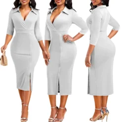 Women Solid Lapel Slit Half Sleeve Dress -Deals Toggenix Store f0809ef40a762005