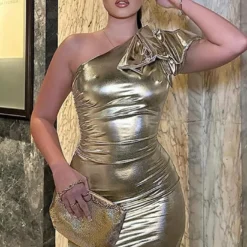 Women Sexy Bow One Shoulder Metallic Dress -Deals Toggenix Store f0a313fec6320046