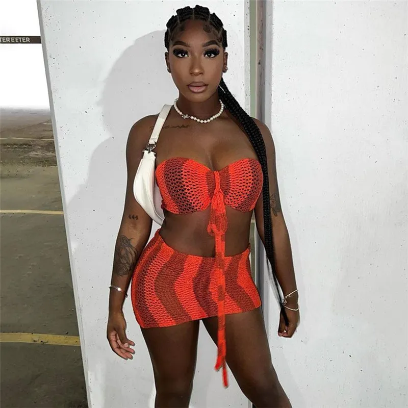 Summer Women's Sexy Hollow Contrast Color Strapless Tank Top High Waist Bodycon See-Through Skirt Set 6 Summer Women's Sexy Hollow Contrast Color Strapless Tank Top High Waist Bodycon See-Through Skirt Set - Image 6