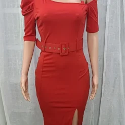 Women Clothes Slash Shoulder Metal Chain Strap Slit Office Dress With Belt -Deals Toggenix Store f28775ec11773d5f