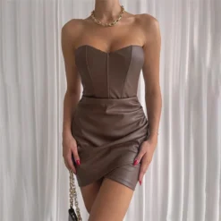 Women Strapless Sexy Bodycon Pu-Leather Dress
