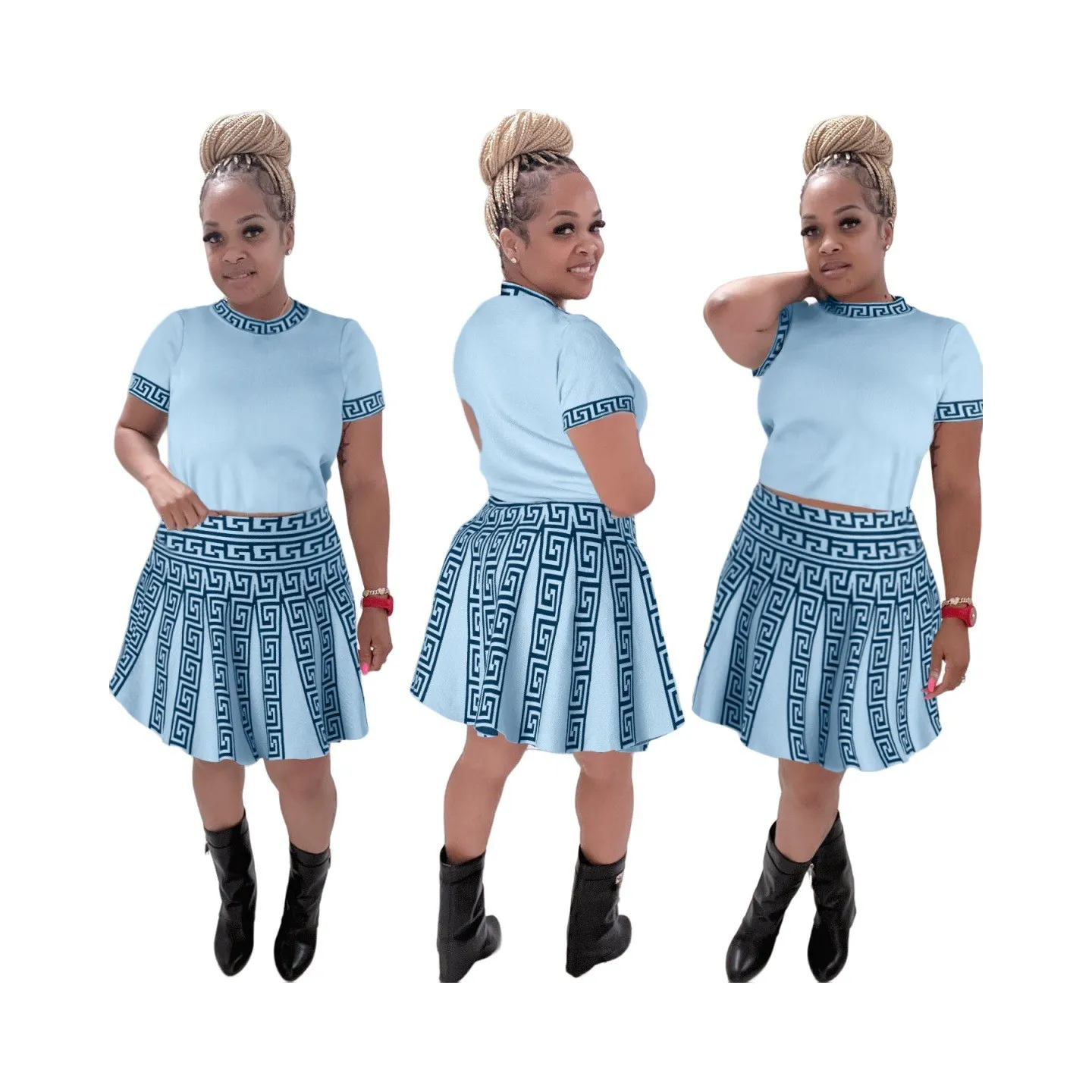 Women Round Neck Knitting Print Short-sleeved Top And Pleated Skirt Two-piece Set 12 Women Round Neck Knitting Print Short-sleeved Top And Pleated Skirt Two-piece Set - Image 12