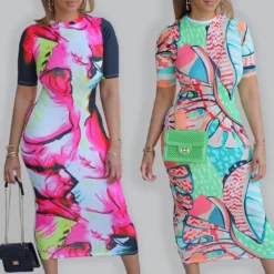 Summer Ladies Fitted Round Neck Painted Print Dress -Deals Toggenix Store f49a576c527986b4