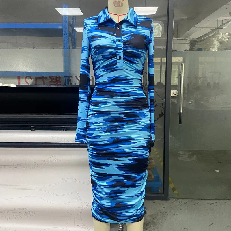 Women's Spring And Summer Printed Fashion Casual Pleated Long Sleeve Slim Chic Long Dress 5 Women's Spring And Summer Printed Fashion Casual Pleated Long Sleeve Slim Chic Long Dress - Image 5