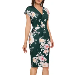 Women V-Neck Short Sleeve Pleated Floral Bodycon Dress -Deals Toggenix Store f5c79e982a9fd850