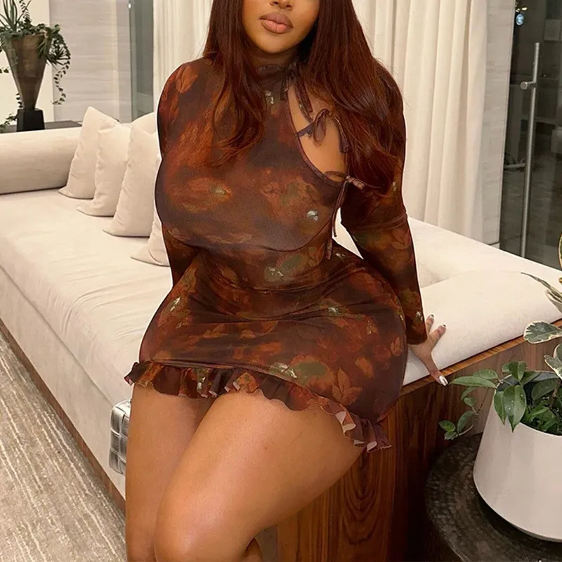 Fashion Printed Retro Long Sleeve Round Neck Hollow Lace-Up Bodycon Women's Dress 13 Fashion Printed Retro Long Sleeve Round Neck Hollow Lace-Up Bodycon Women's Dress - Image 13