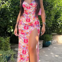 Women's Summer Digital Printing V-neck Sling Medium Long Split Strap Dress -Deals Toggenix Store f64dca56ce55bed9