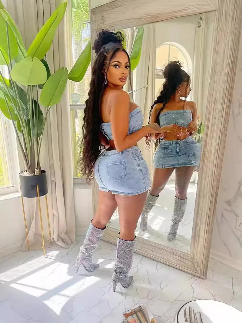 Fashionable Women's Clothing Beaded Strapless Stretch Denim Two Piece Skirt Set 9 Fashionable Women's Clothing Beaded Strapless Stretch Denim Two Piece Skirt Set - Image 9