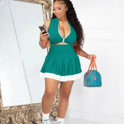 Women Casual Sexy Colorblock Zipper Top And Pleated Skirt Two-Piece Set -Deals Toggenix Store f7d8c0e4b0fdddf6