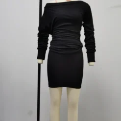 Women's Slash Shoulder Pleated Top Ribbed Skirt Sexy Two-piece Set -Deals Toggenix Store f7e581c09cad4b95