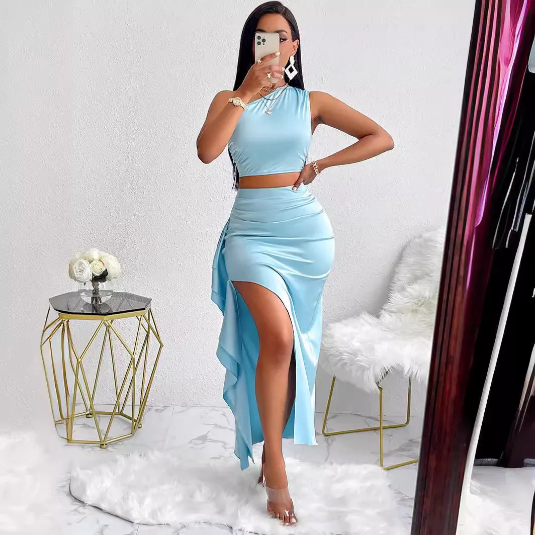 Women Summer Sexy Solid One-Shoulder Top And Ruffled Skirt Two-piece Set 5 Women Summer Sexy Solid One-Shoulder Top And Ruffled Skirt Two-piece Set - Image 5