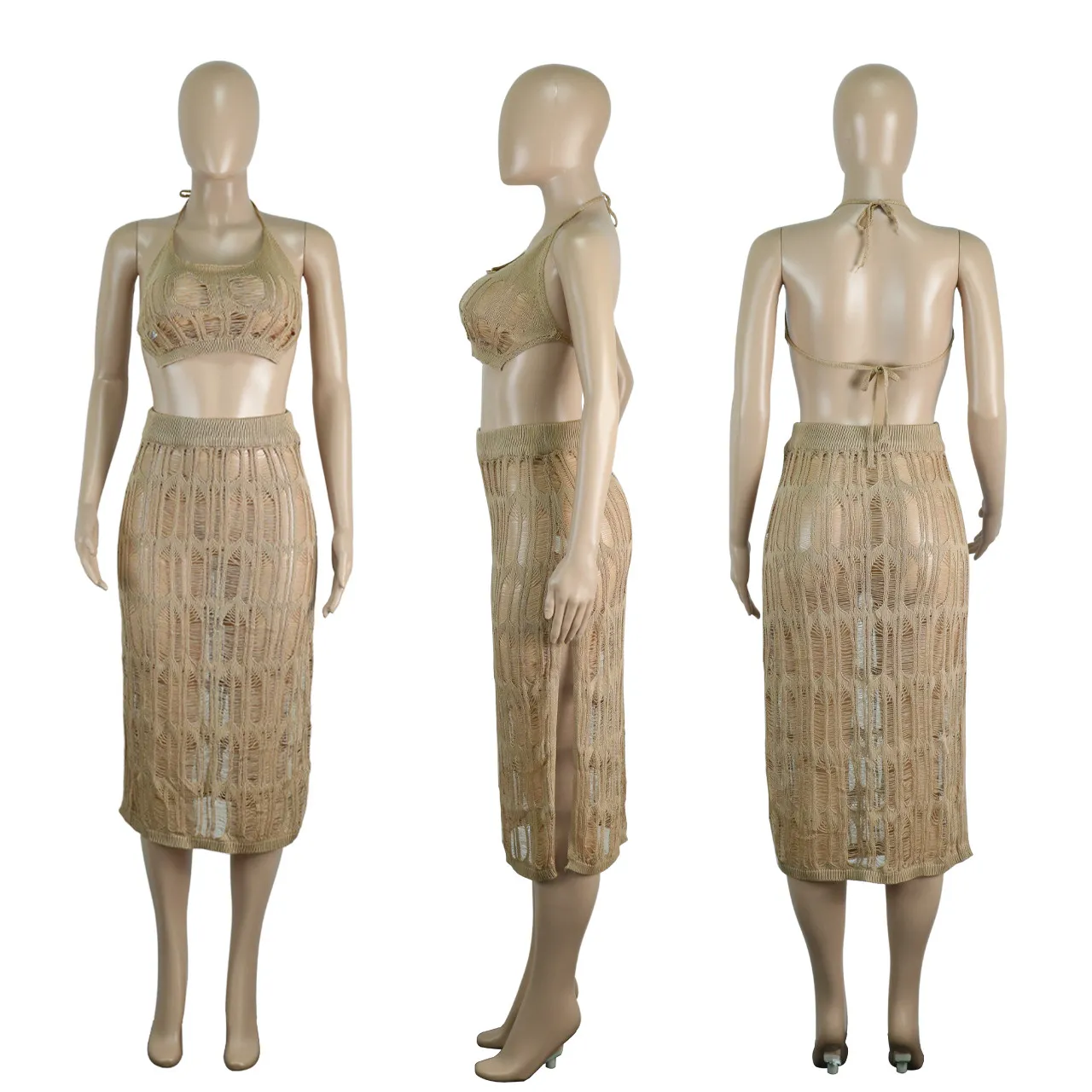 Women's Spring Summer Beach Knitting Vest Slit Skirt Slit Sexy Two Piece Set 10 Women's Spring Summer Beach Knitting Vest Slit Skirt Slit Sexy Two Piece Set - Image 10