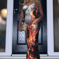 Women Sleeveless Flame Print Bodycon Dress