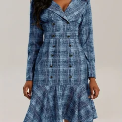 Plus Size Women Turndown Collar Double Breasted Plaid Print Career Dress -Deals Toggenix Store fc0f47d2f00e482a
