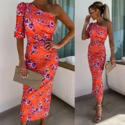 Women Summer Slash Shoulder Stretch Slit Printed Bodycon Dress