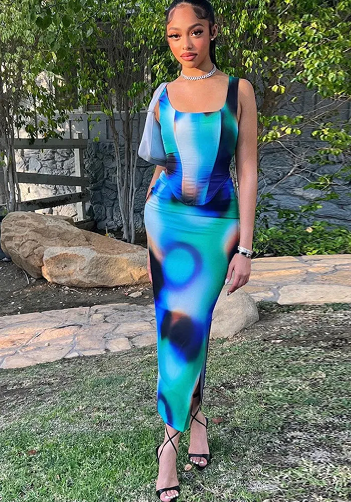 Women Printed Sleeveless Vest Top And Slit Skirt Two-piece Set 17 Women Printed Sleeveless Vest Top And Slit Skirt Two-piece Set - Image 17