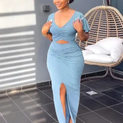 Women Ruffle Sleeve Crop V-Neck Top And Slit Bodycon Skirt Two-Piece Set -Deals Toggenix Store fec3f46a69e5c058