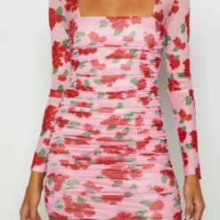 Flower Print Fashion Summer Women's Long Sleeve Square Neck Pleated Slim Bodycon Dress -Deals Toggenix Store feca7c4b945893d9