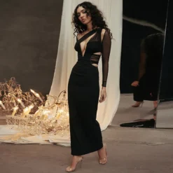 Spring Hollow Mesh Fashionable Hollow Long Sleeve Slit Long Dress -Deals Toggenix Store ff48dd96115f1303