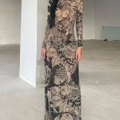 Sexy Fashion Printed Mesh Round Neck Long Sleeve Long Dress -Deals Toggenix Store ff8a3172e783fcfd