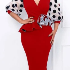 Plus Size Women'S Fashion Dot Mesh Patchwork V Neck Chic Career Bodycon Dress -Deals Toggenix Store ff8c27f21bc48484